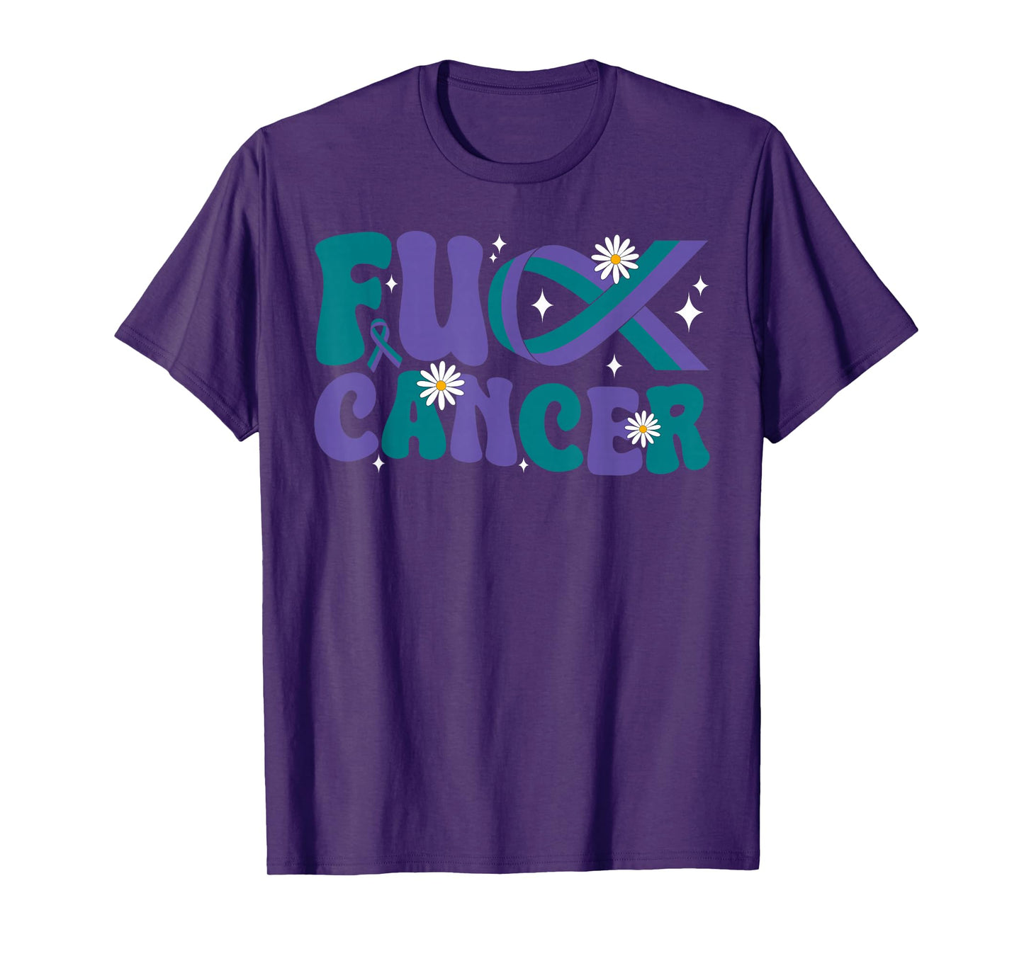Groovy Fuck Cancer Anal Cancer Awareness Purple Green Ribbon T-Shirt