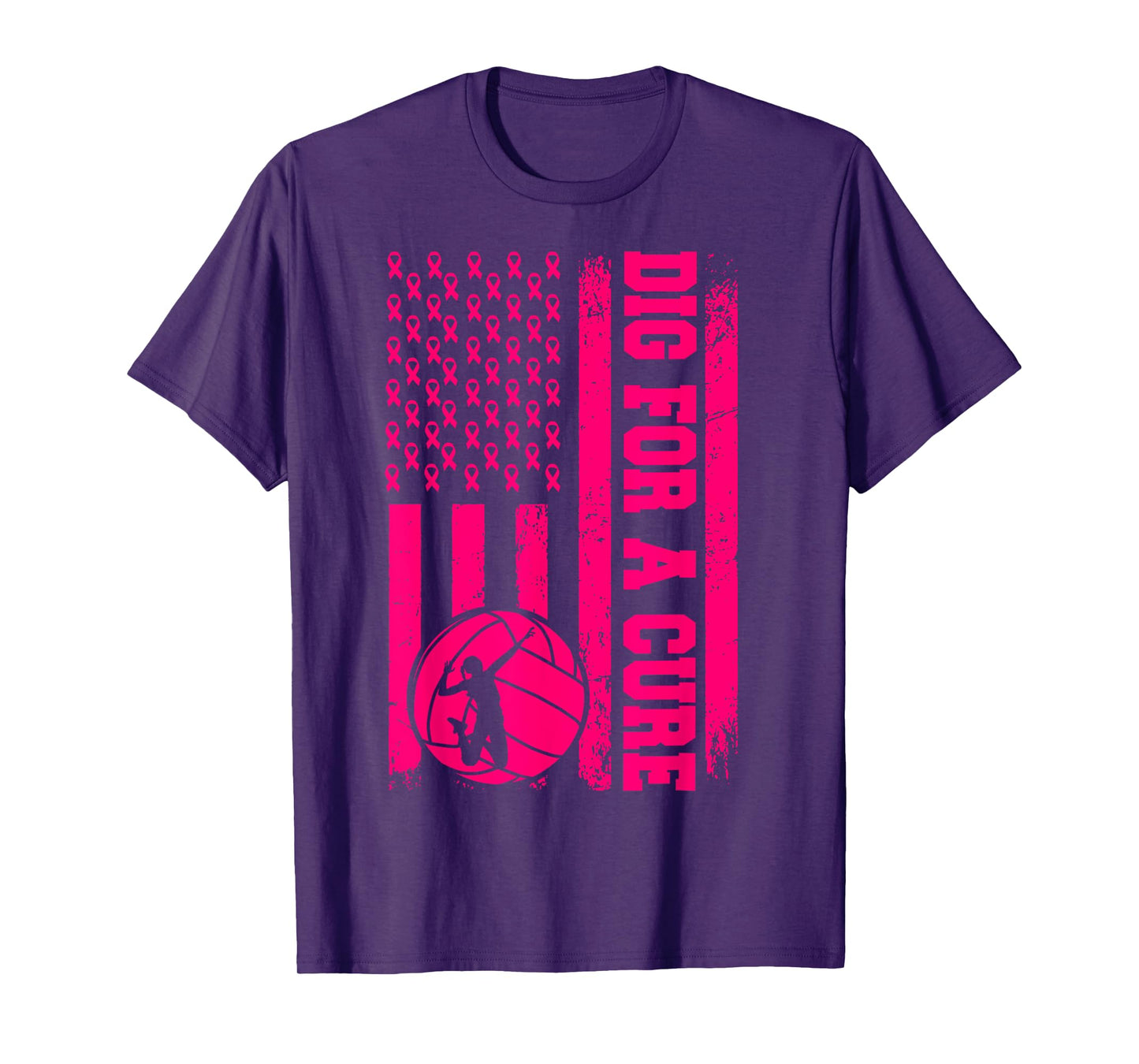 Dig For A Cure Breast Cancer Volleyball Pink American Flag T-Shirt
