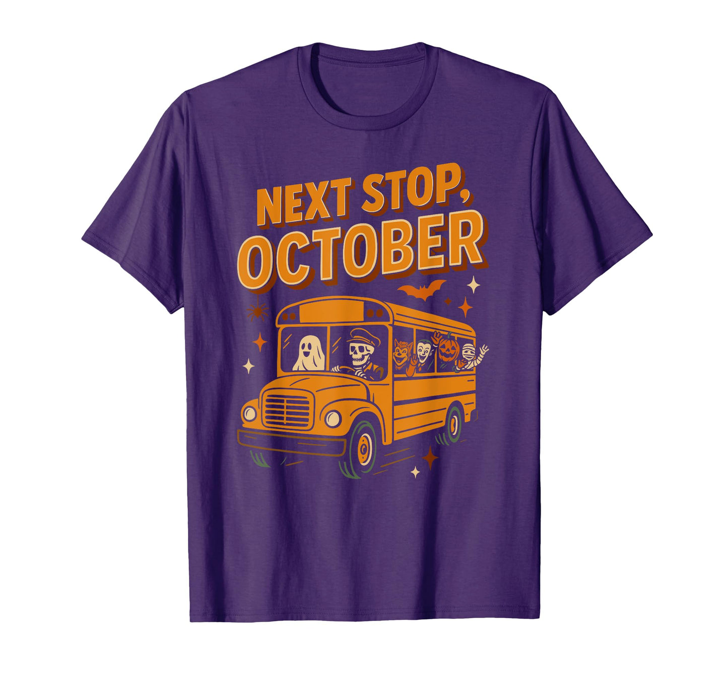 Next Stop October Spooky Monsters Halloween School Bus Ride T-Shirt