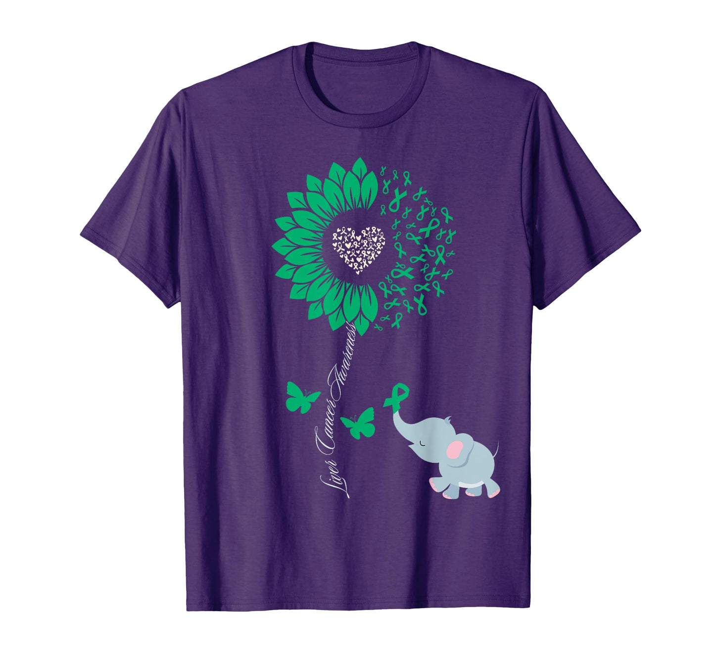 Liver Cancer Awareness Sunflower Elephant Butterfly Green T-Shirt