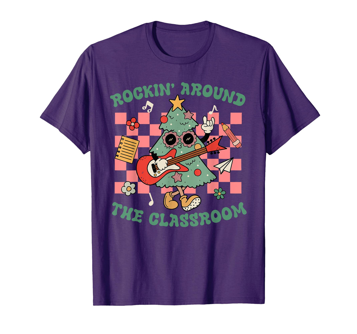 Retro Groovy Teacher Christmas Rockin' Around The Classroom T-Shirt