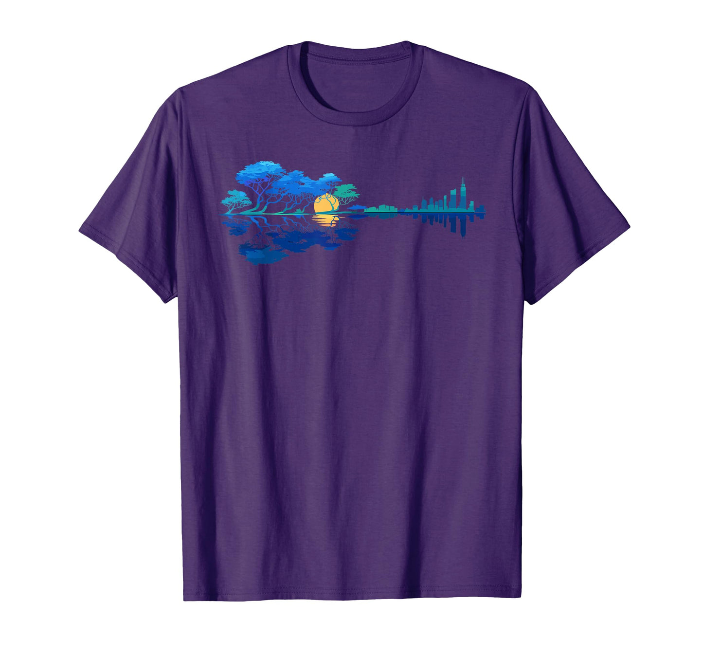 Guitar Lake Reflections Night Sky and Moon T-Shirt