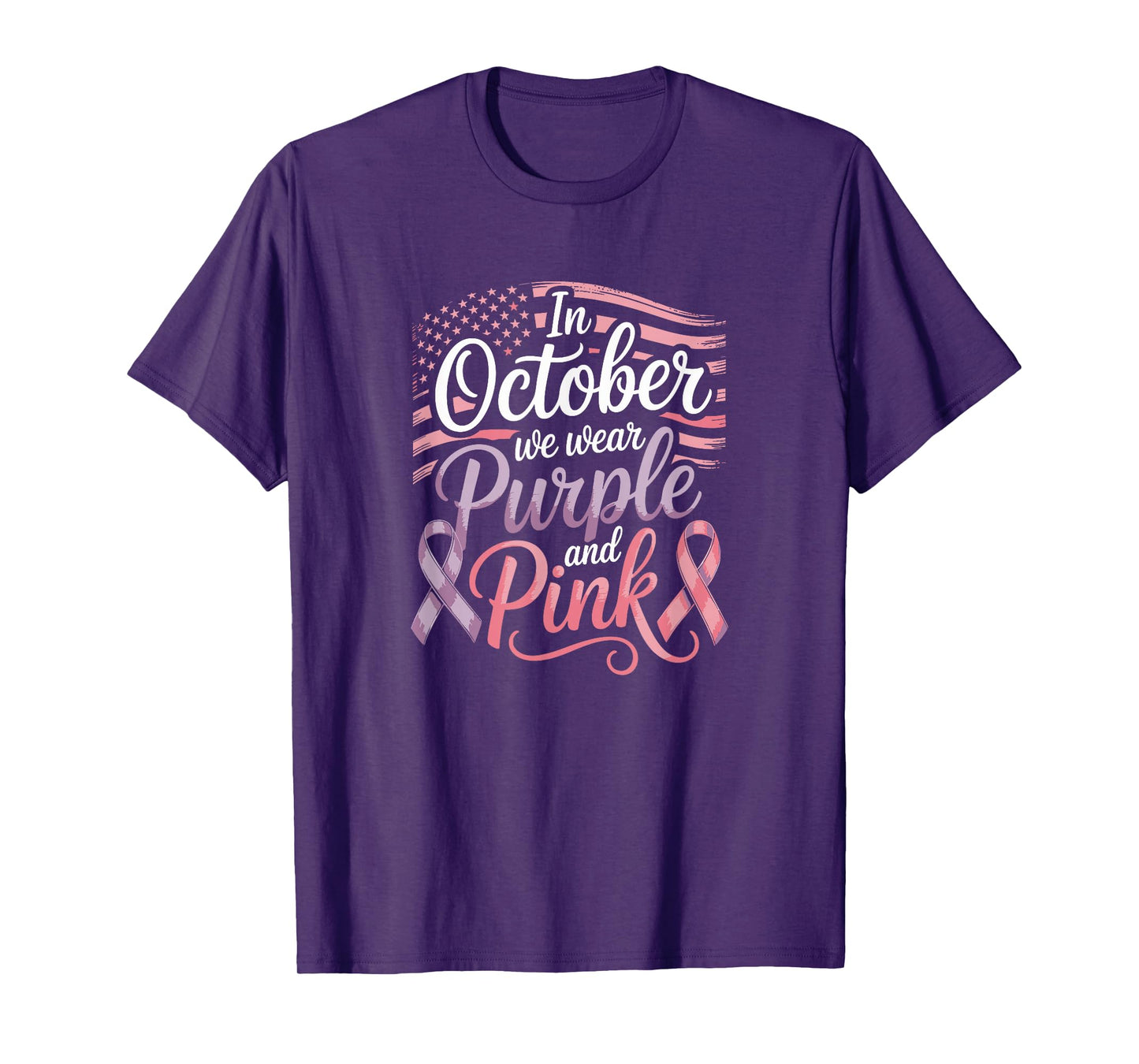 in October We Wear Purple and Pink, US Flag Awareness T-Shirt