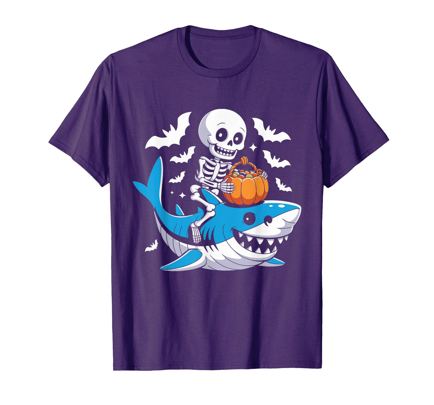 Skeleton Riding Mummy Shark Funny Halloween Pumpkin T-Shirt