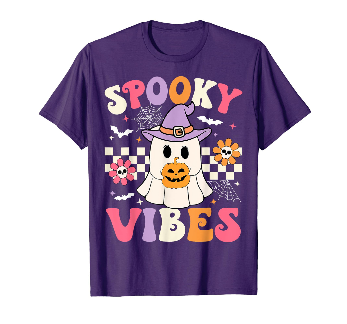 Groovy Spooky Vibes Retro Halloween Ghost Holding Pumpkin T-Shirt
