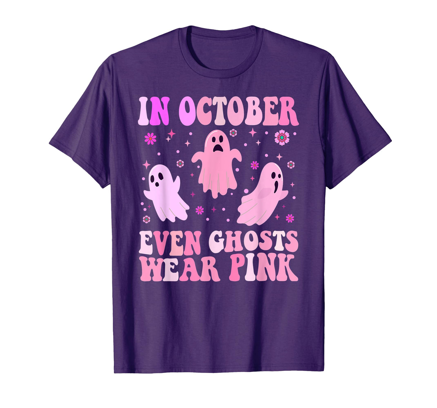 Breast Cancer October Even Ghost Wear Pink Groovy Halloween T-Shirt