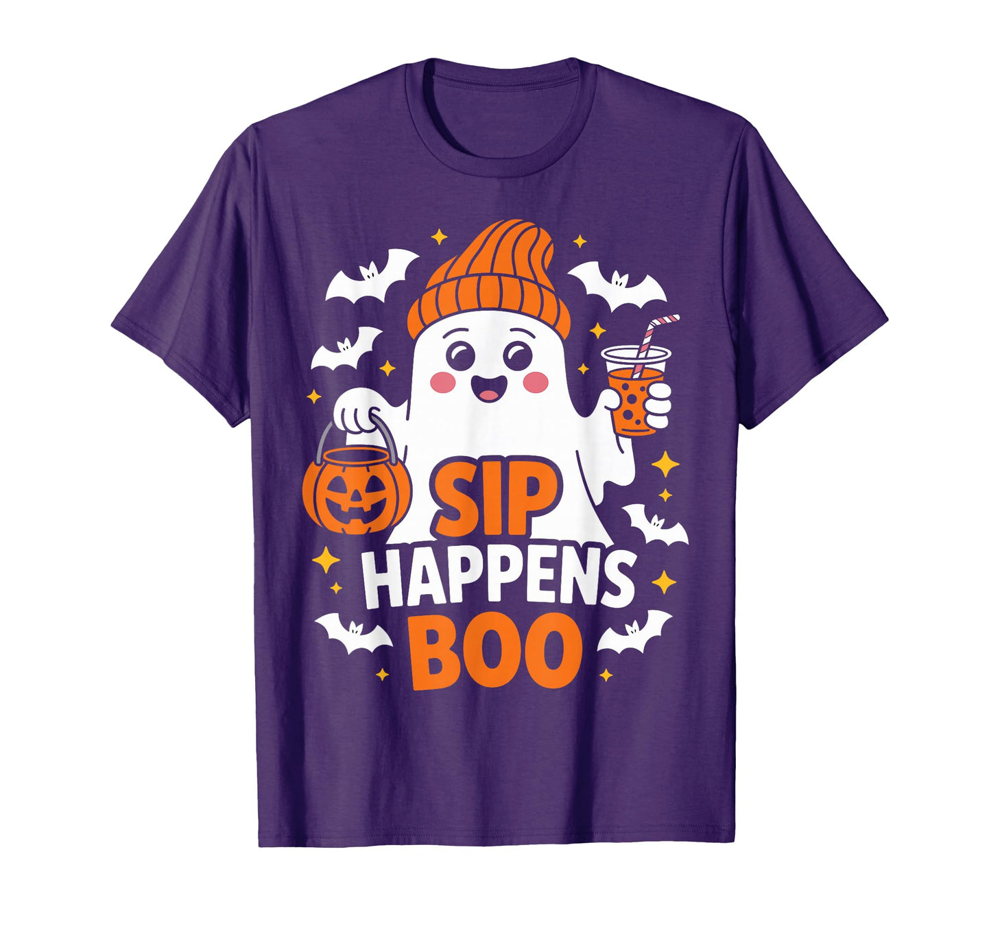 Funny Cute Ghost Sip Happens Boo Halloween Party T-Shirt