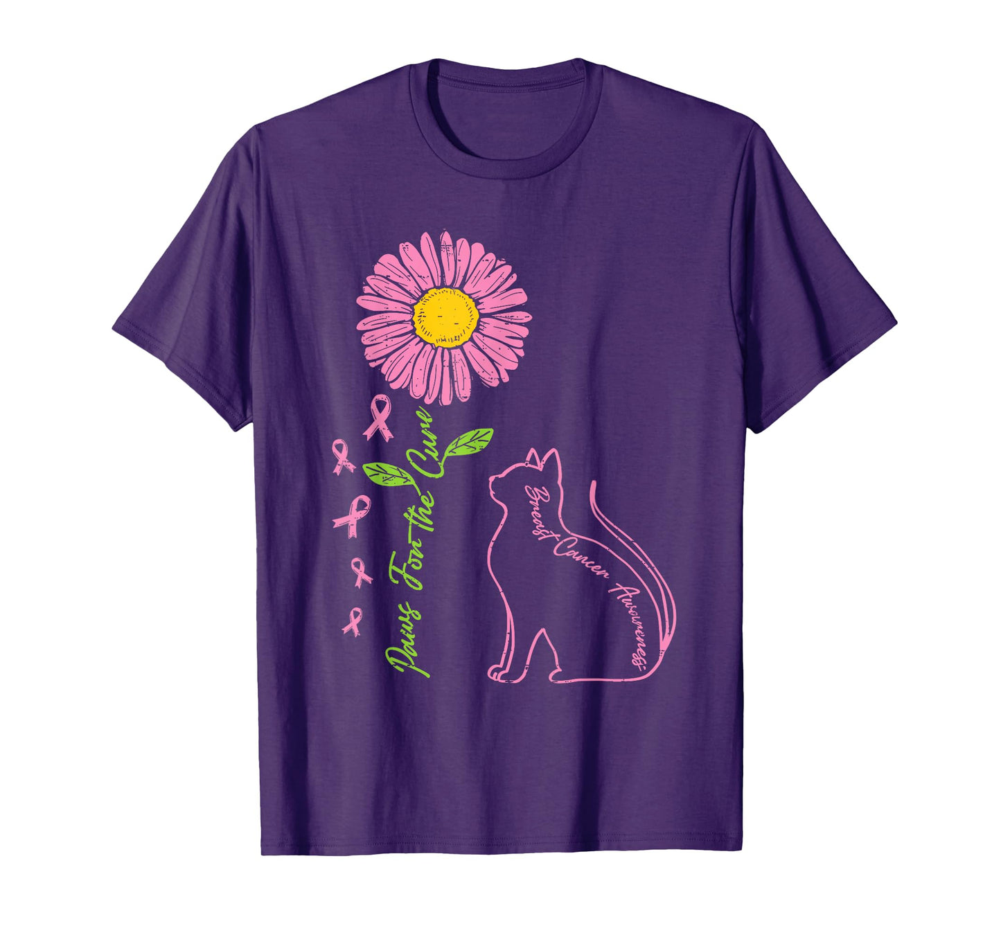 Cat Flower Breast Cancer Awareness Kitty Meow Pink Ribbon T-Shirt