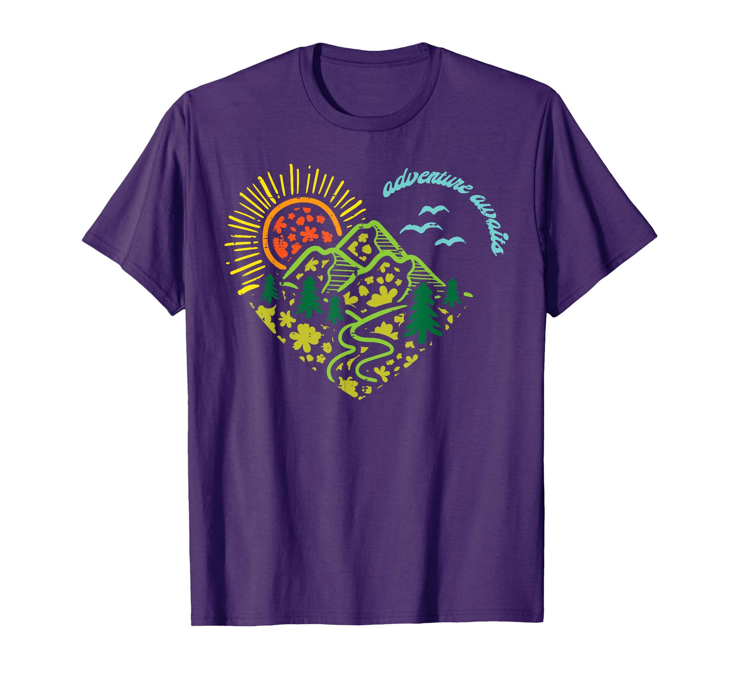 Adventure Awaits Mountains Sun Camping Hiking Women Kids Men T-Shirt
