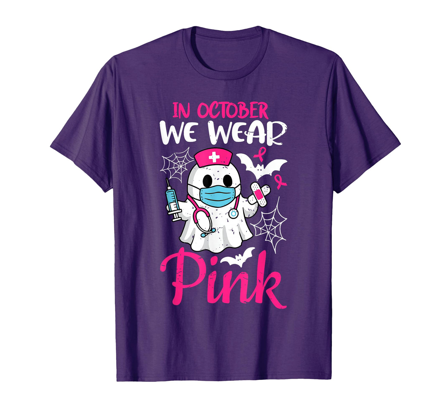 Ghost Nurse Halloween Nursing Breast Cancer Pink Ribbon T-Shirt