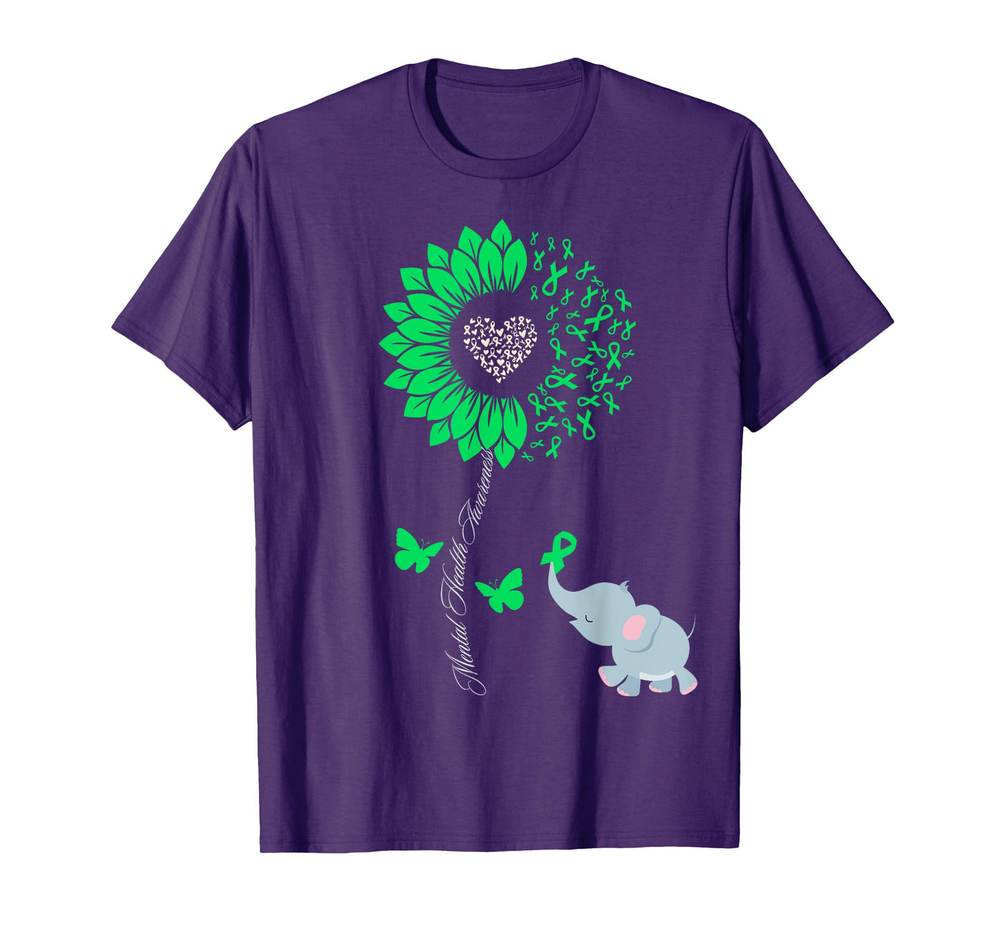 Mental Health Awareness Sunflower Elephant Butterfly Green T-Shirt