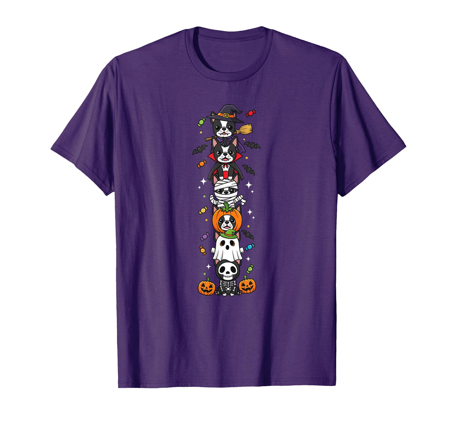 Funny Boston Terrier Witch Ghost Halloween Kids Mens Womens T-Shirt