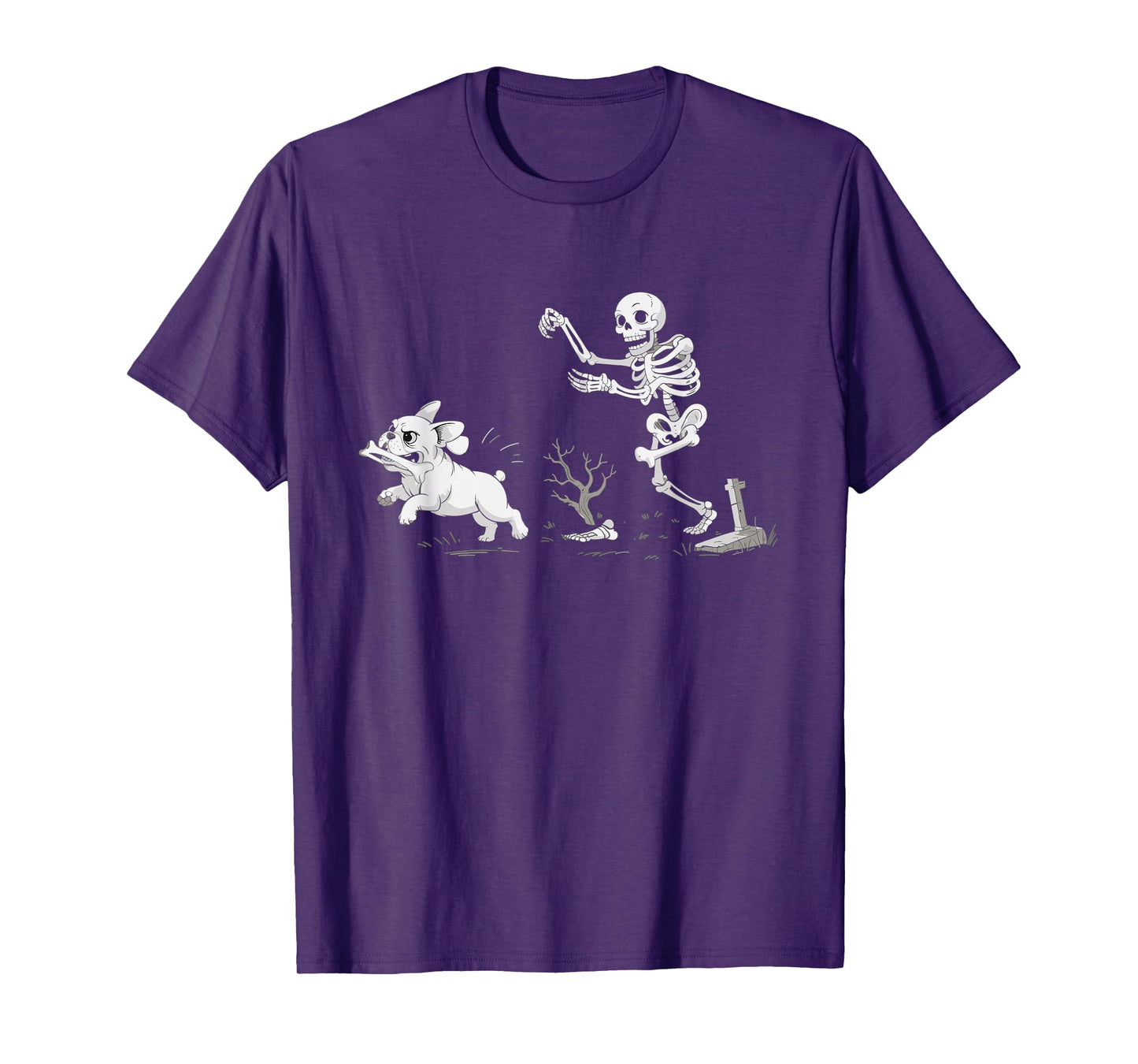Skeleton Chasing Dog Halloween Funny French Dog Lovers T-Shirt