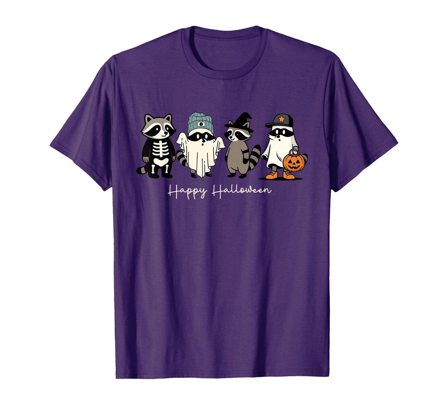Retro Cute Raccoon Ghost Happy Halloween Funny Pumpkin T-Shirt