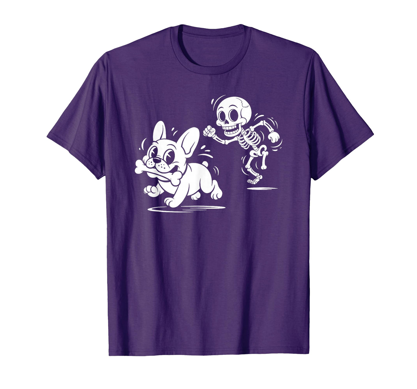 Skeleton Chasing French Bulldog Funny Halloween Dog T-Shirt