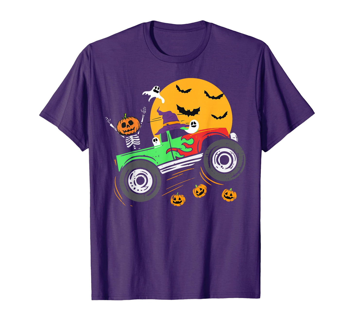 Spooky Skeleton Riding Monster Truck Halloween Boys Girls T-Shirt