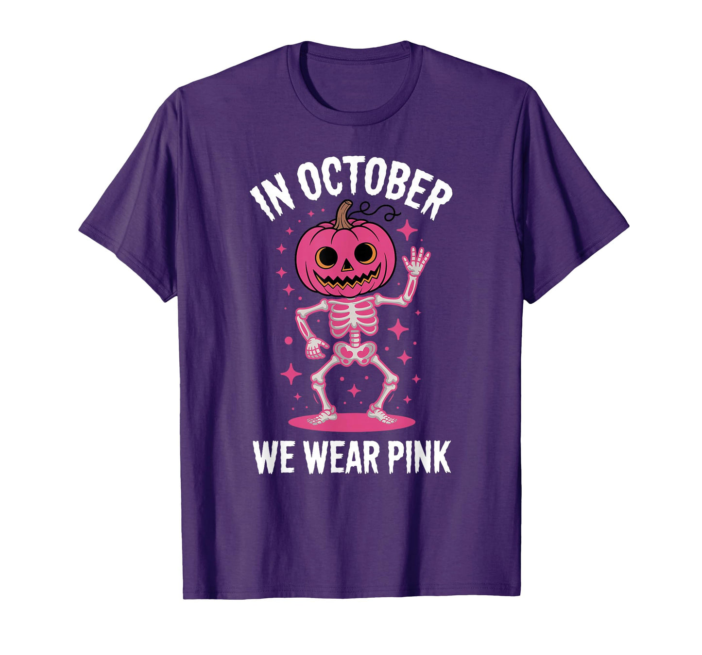 in October We Wear Pink Pumpkin Skeleton Halloween Awareness T-Shirt