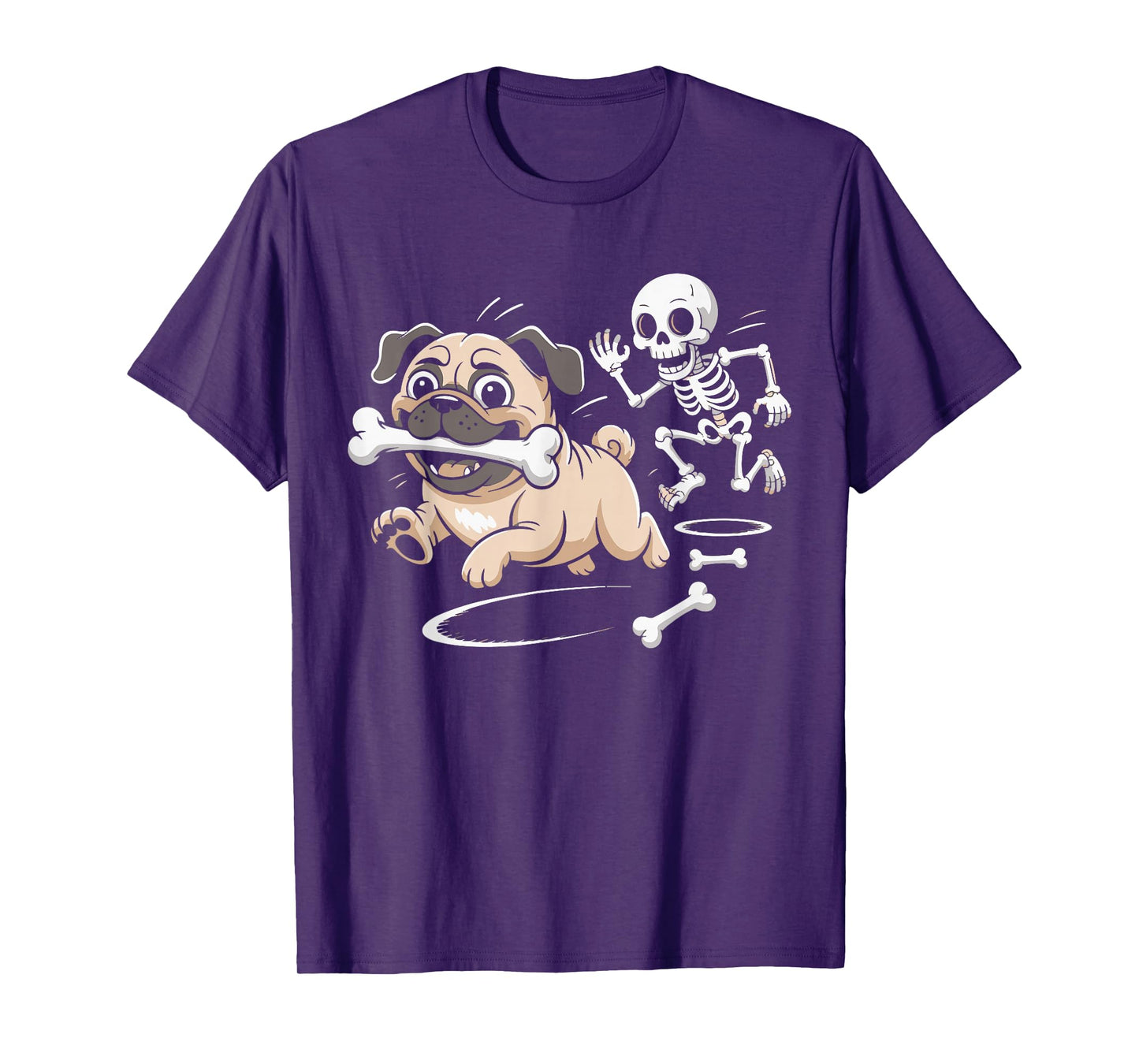 Cute Pug Dog Steals Skeleton Bone Spooky Halloween Costume T-Shirt
