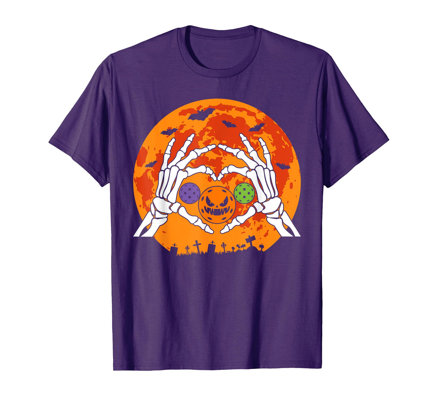 Funny Pickleball Halloween Skeleton Hands Love Heart Pumpkin T-Shirt
