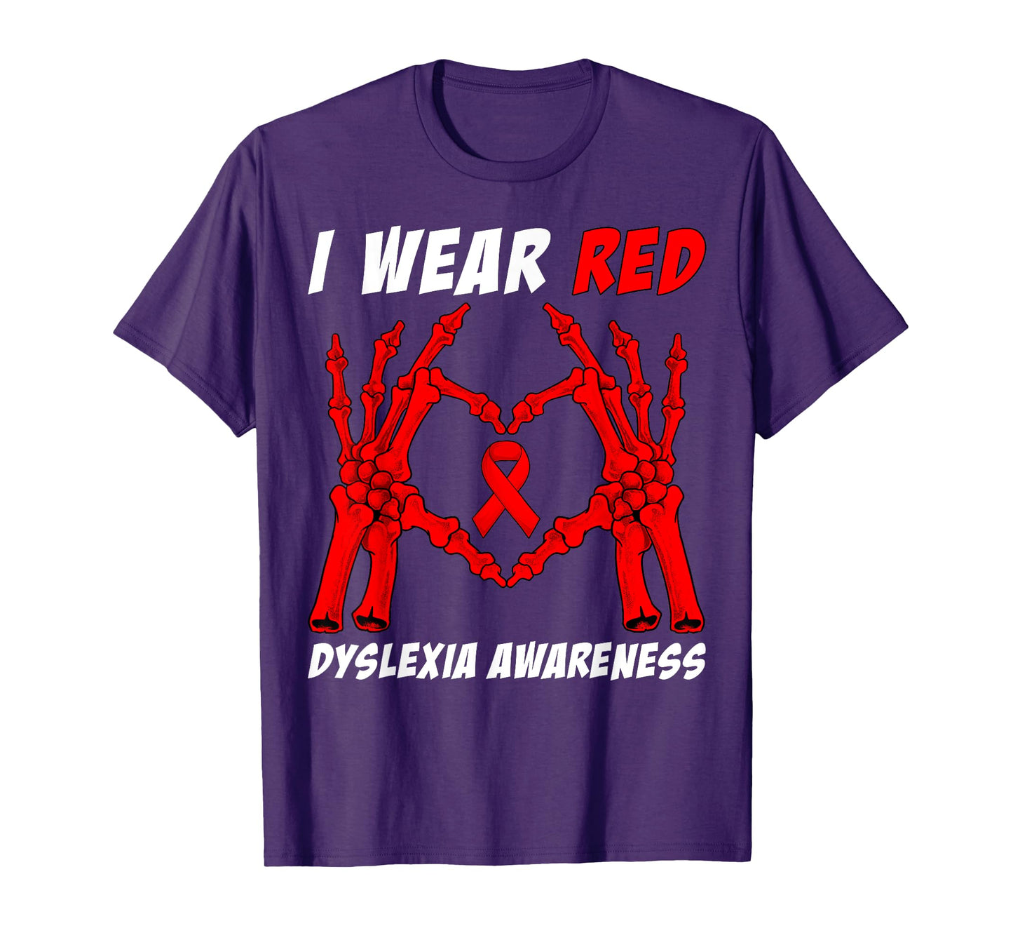 I Wear Red Dyslexia Awareness Skeleton Hand Heart Halloween T-Shirt