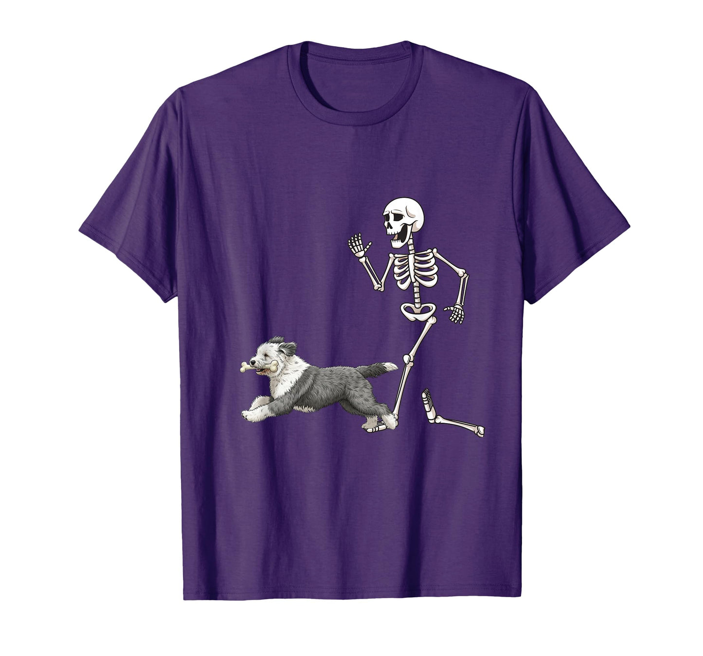 Funny Halloween Old English Sheepdog and Skeleton T-Shirt