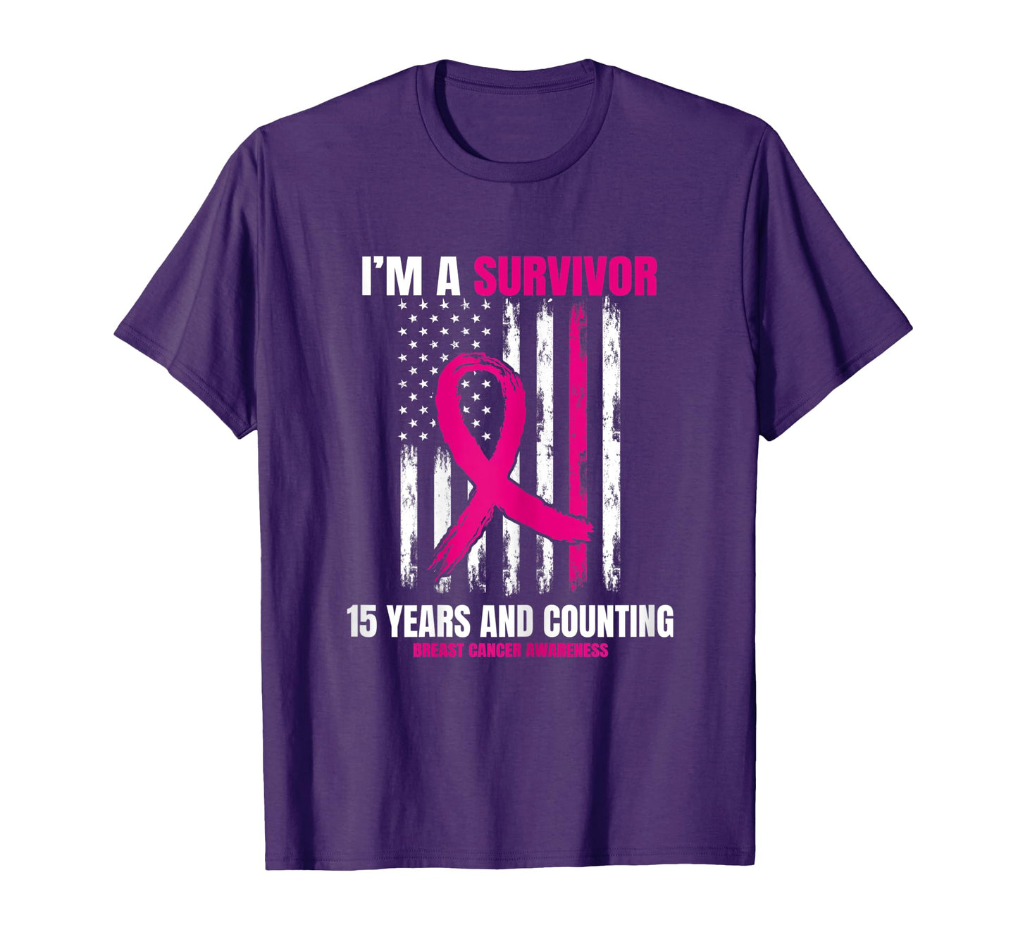 Womens 15 Year Survivor Gifts Pink Breast Cancer Awareness USA Flag T-Shirt