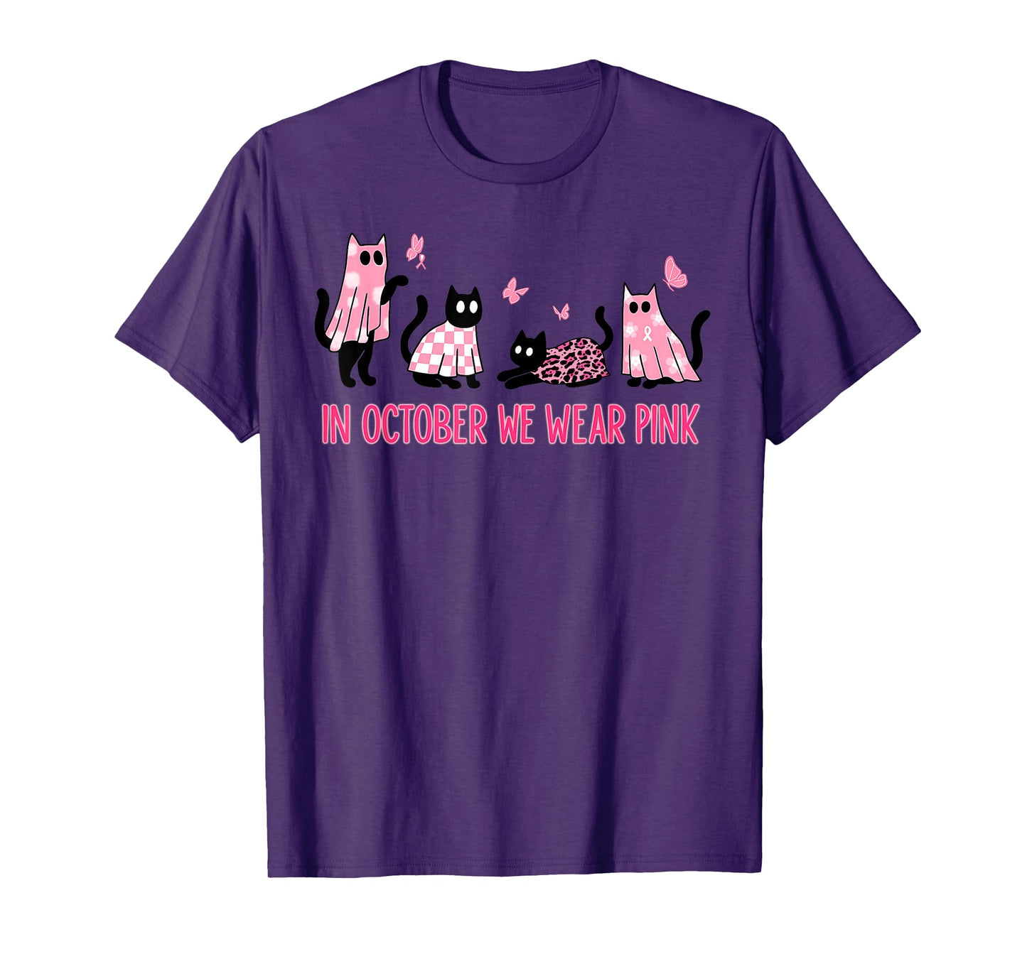in October We Wear Pink, Cute Ghost Cat Breast Cancer T-Shirt