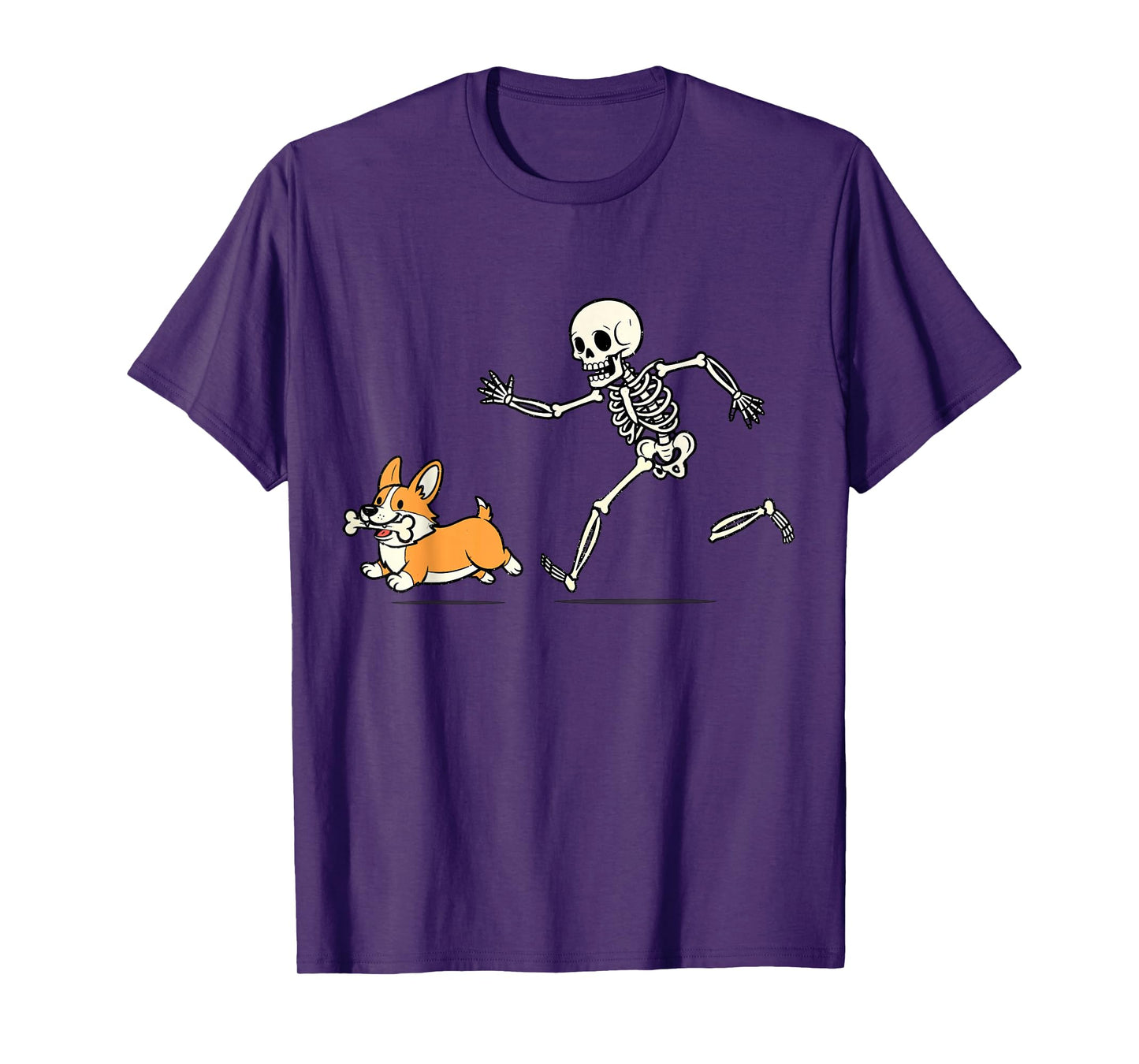 Funny Skeleton Chasing Cute Corgi Boo Running Dog Mom Dad T-Shirt