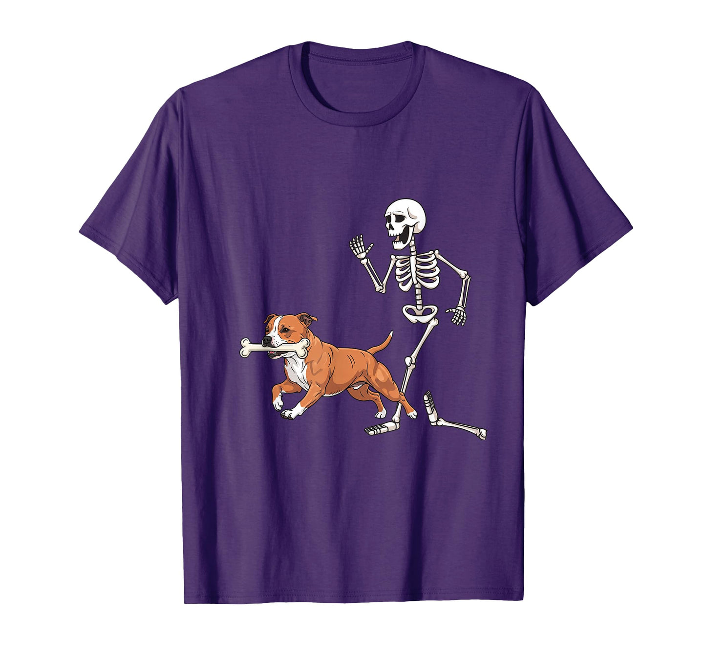 Funny Halloween Staffordshire Bull Terrier and Skeleton T-Shirt