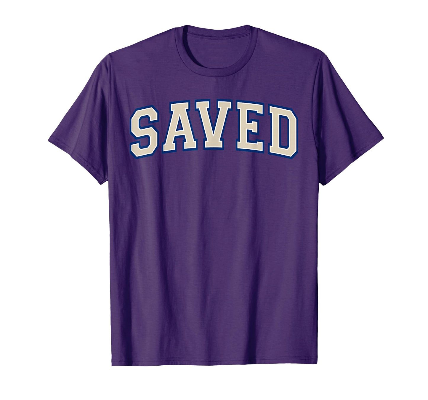 Saved Christian Faith Ivory and Blue Varisty Letters T-Shirt