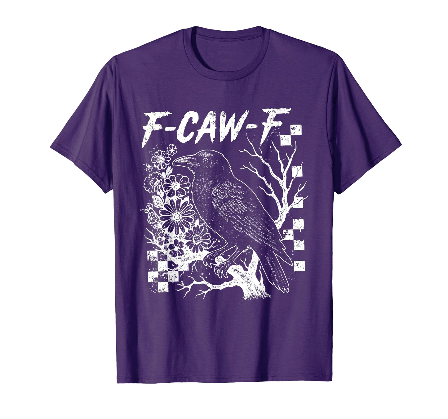 Checkered Floral Crow Raven F-CAW-F Halloween Dark Bird T-Shirt