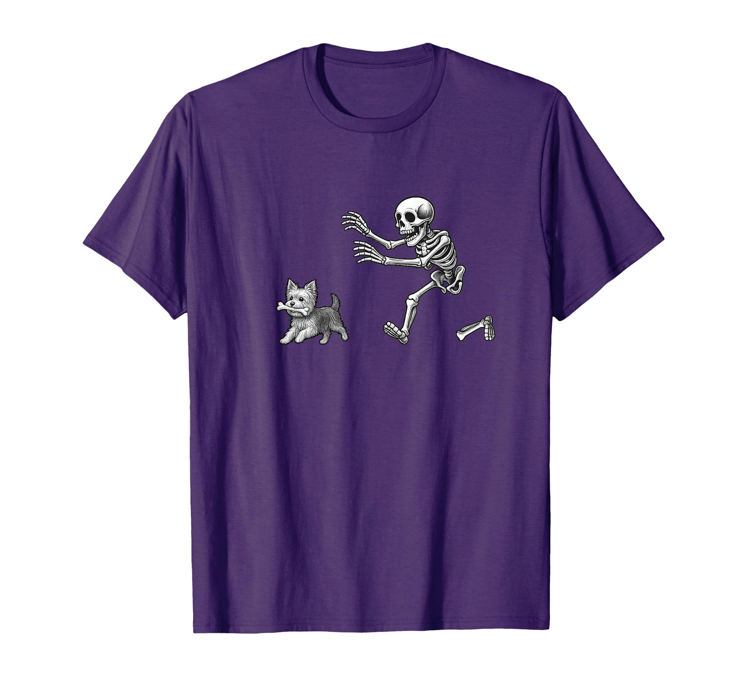 Funny Skeleton Chasing Yorkshire Terrier Halloween Dog Lover T-Shirt