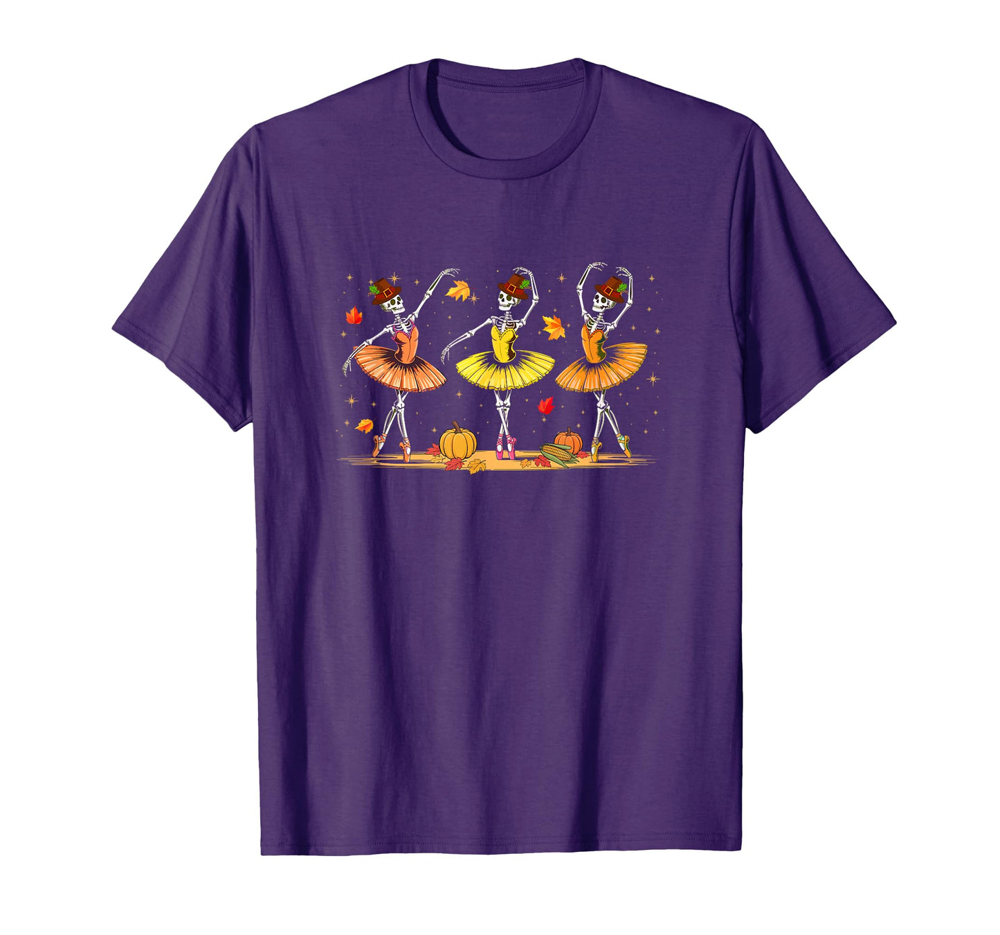 Three Cute Skeletons Bow Tie Dancing Thanksgiving Colorful T-Shirt
