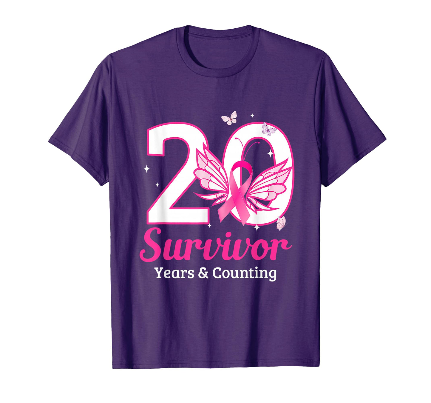 Vintage 20 Years Breast Cancer Survivor Ribbon Buffterfly T-Shirt