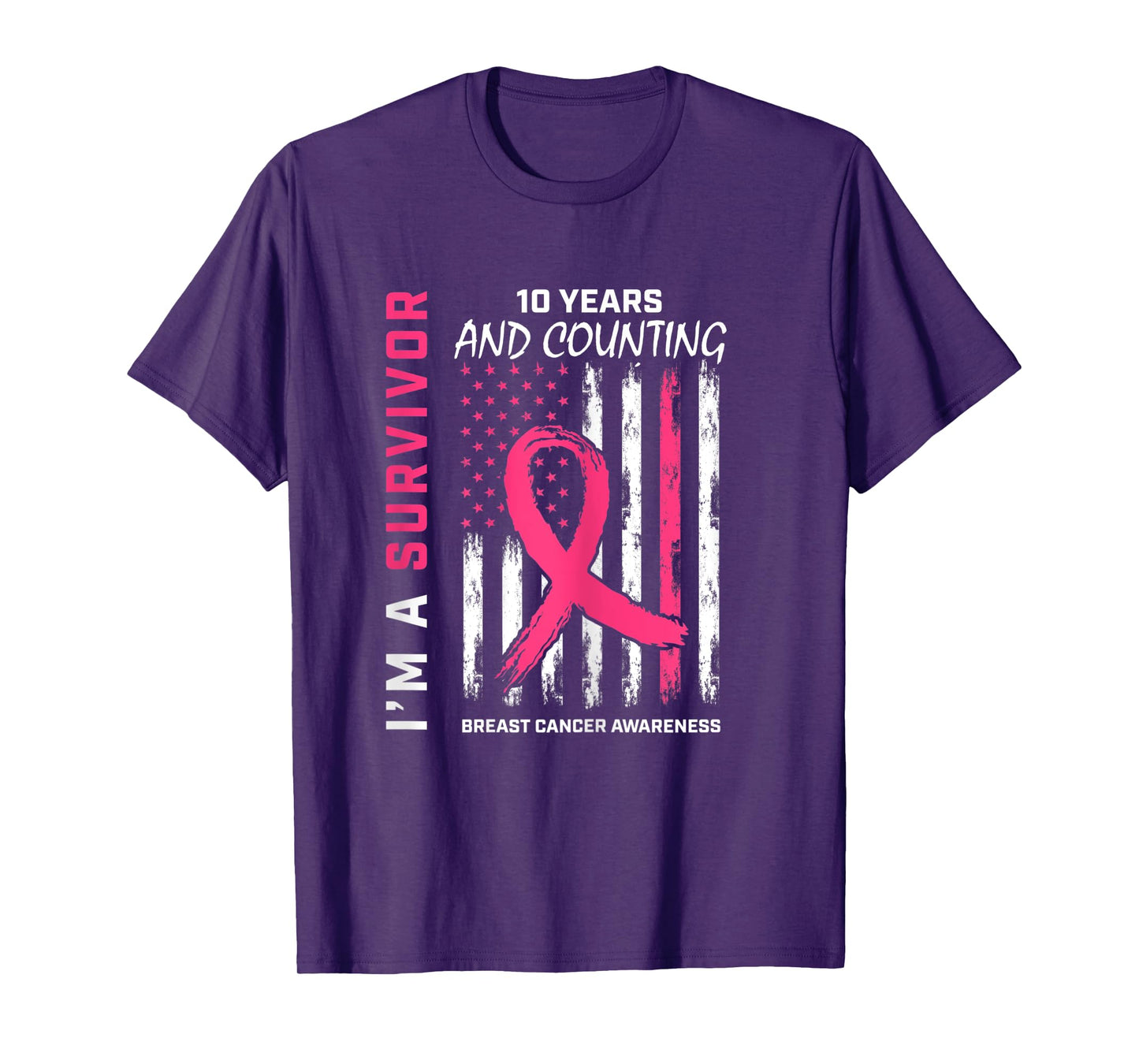 American Flag Pink Awareness 10 Year Breast Cancer Survivor T-Shirt for Women