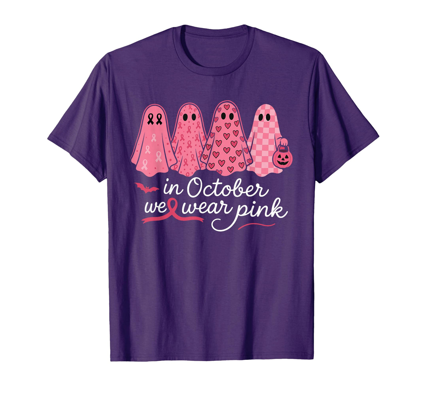in October We Wear Pink Ghost Halloween Breast Cancer T-Shirt