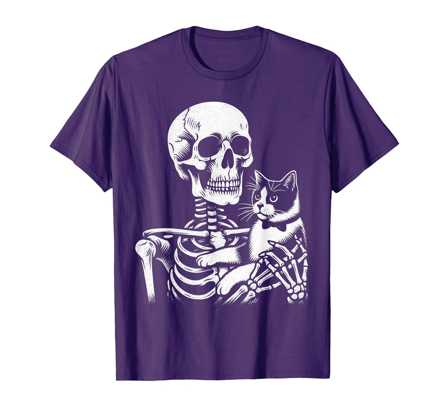 Skeleton Holding A Tuxedo Cat Lazy Halloween Costume Skull T-Shirt for Men Women Kids