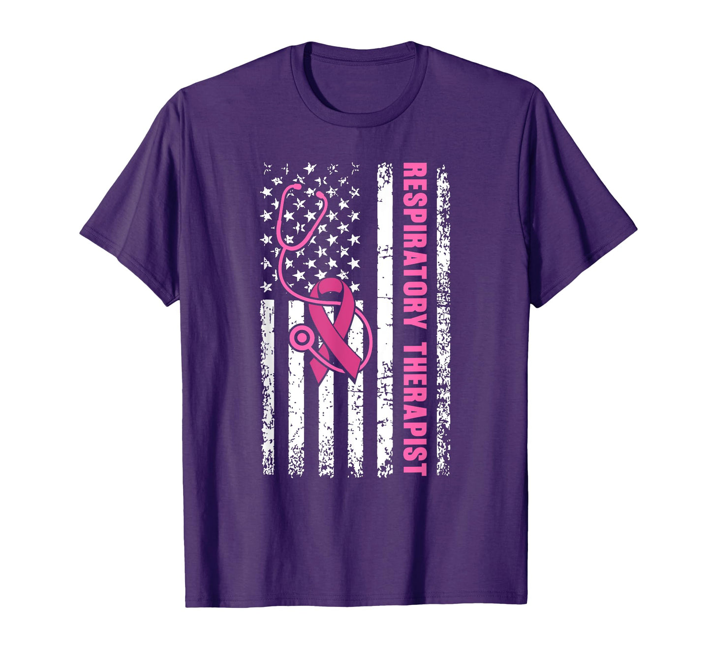Respiratory Therapist Breast Cancer Awareness USA Flag Nurse T-Shirt