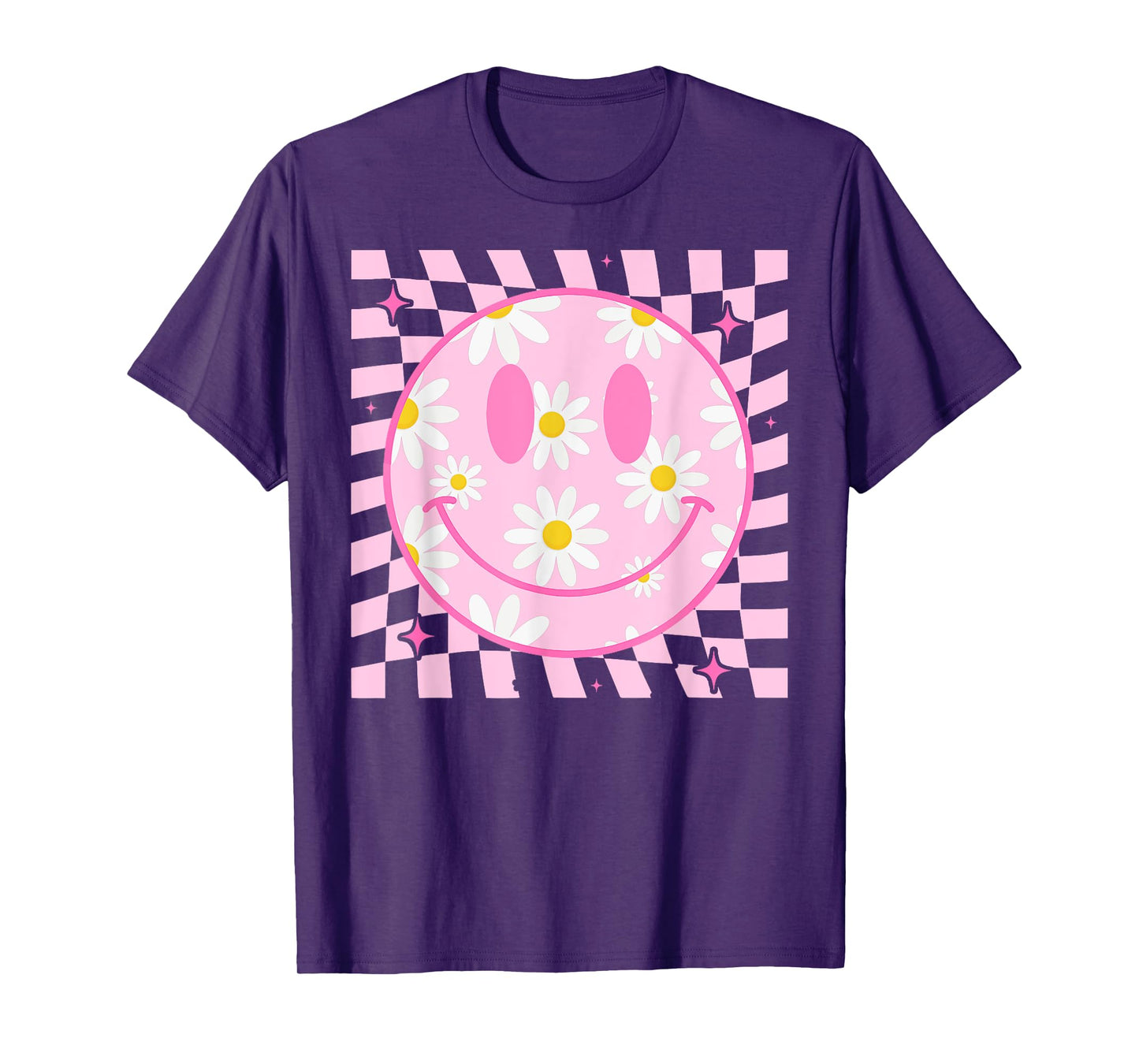 Retro Happy Smile Face Checkered Pattern Pink Daisy Flower T-Shirt