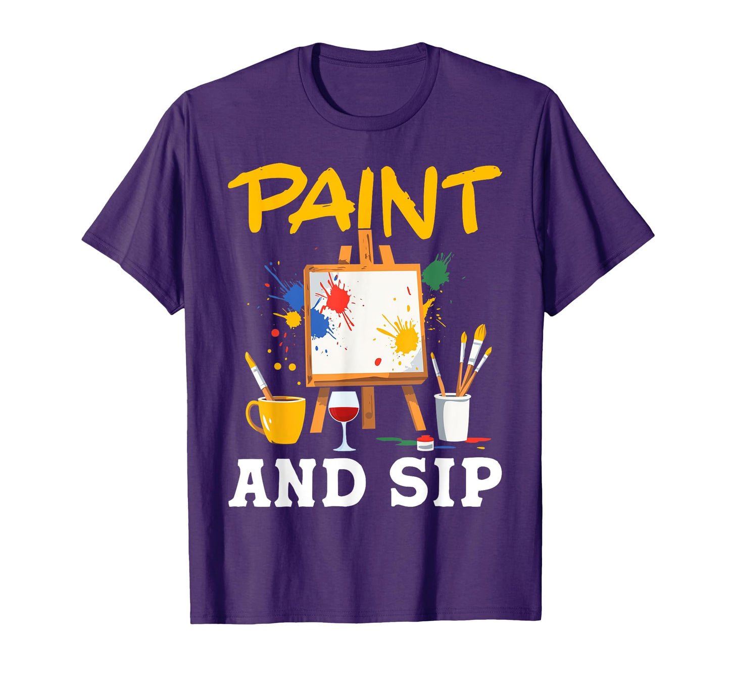 Paint And Sip Party Art Funny Wine Drinking Rainbow Painting T-Shirt