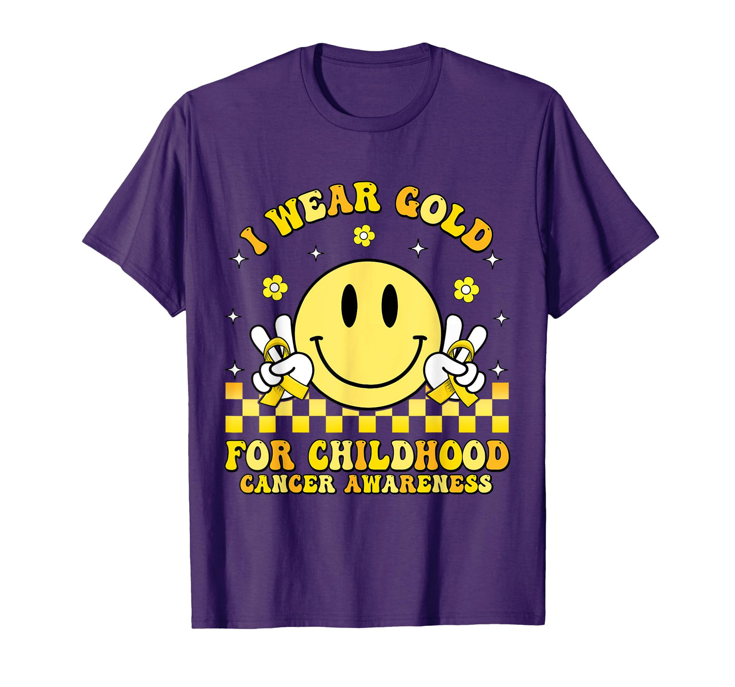 Groovy Retro Smile Face I Wear Gold For Childhood Cancer T-Shirt