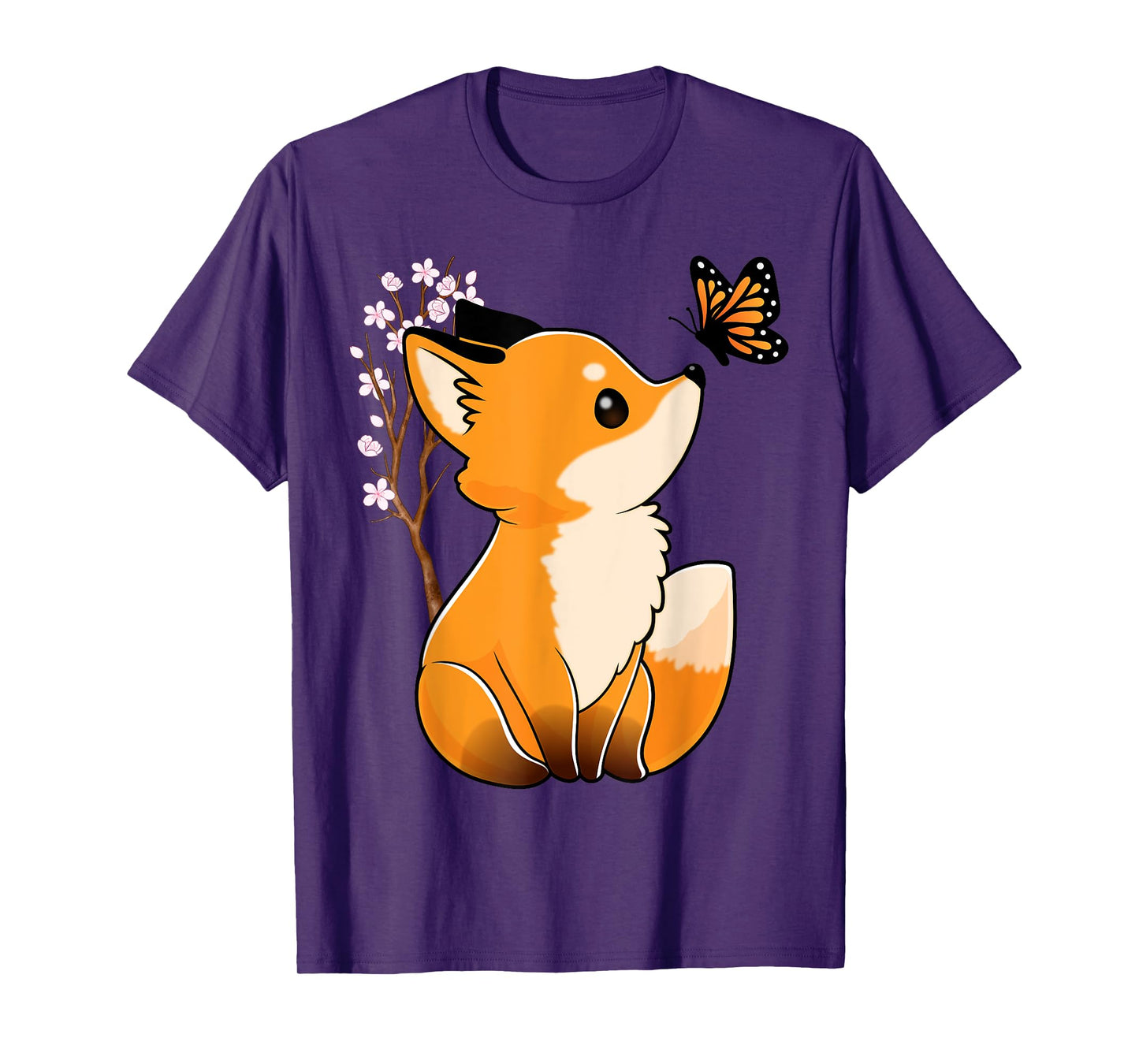 Fox and Butterfly Cute Fox Japanese Cherry Blossom Flower T-Shirt