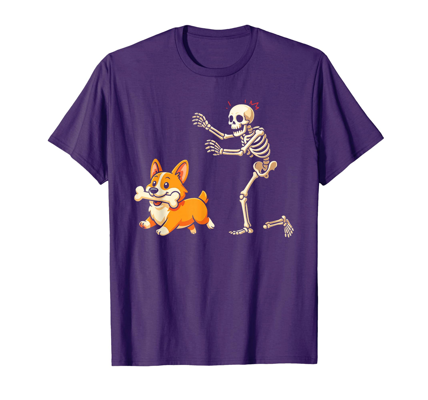 Halloween Dog Funny Skeleton Chasing Corgi Dog T-Shirt