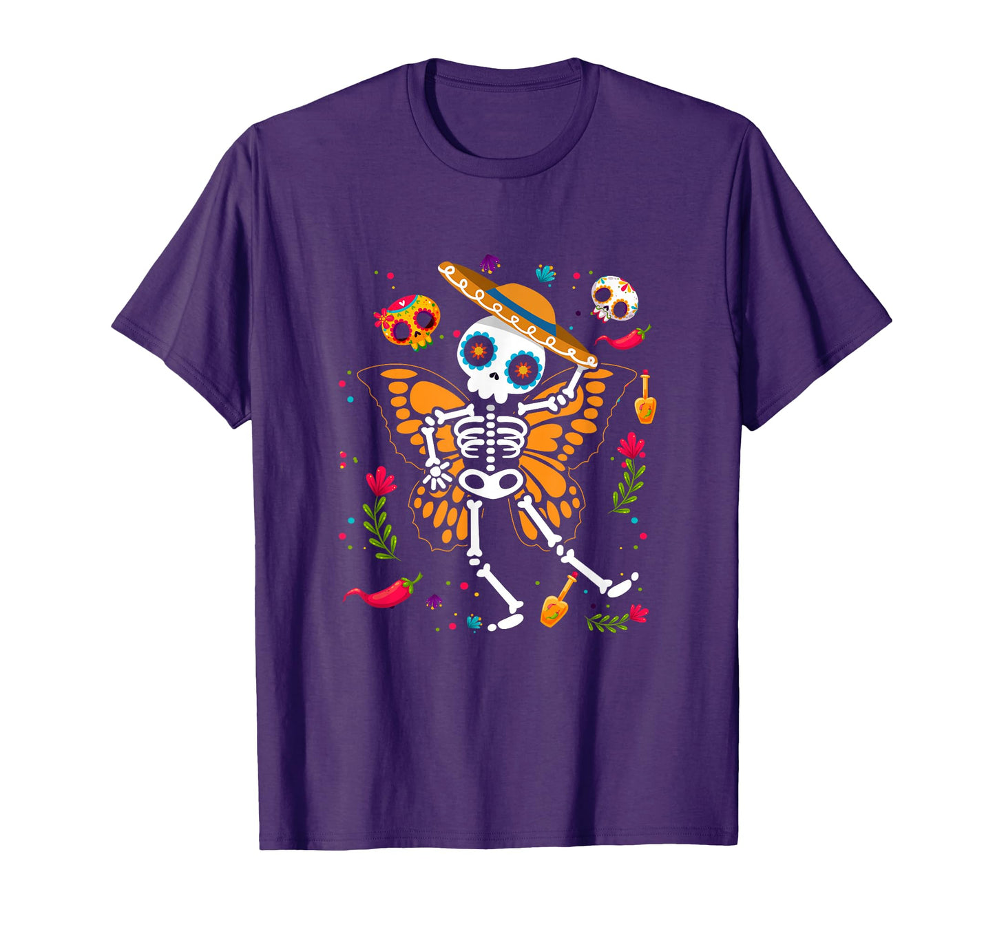 Day of The Dead Sugar Skull Skeleton Monarch Butterfly Wings T-Shirt