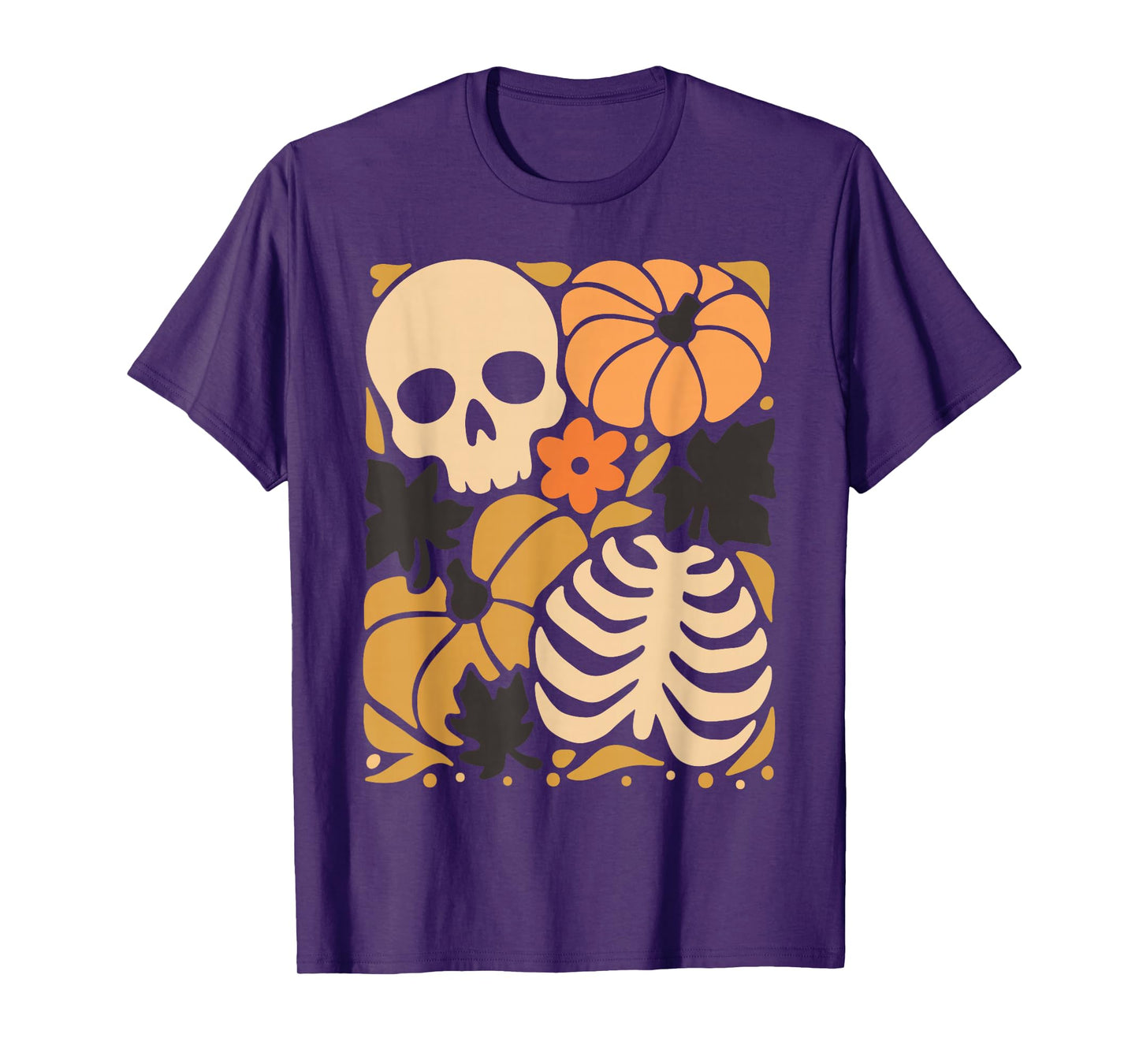 Retro Halloween Skull Pumpkin Ribcage Fall Leaves Spooky T-Shirt