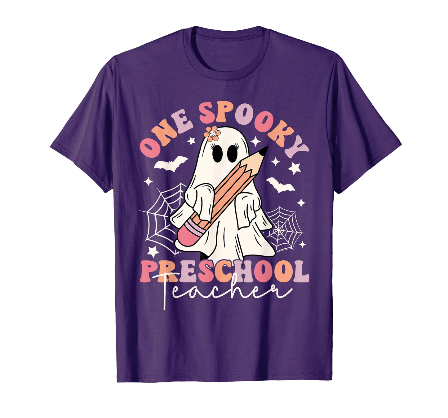 One Spooky Preschool Teacher Ghost Retro Halloween 2024 T-Shirt