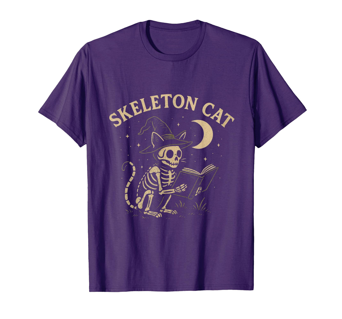 Skeleton Witch Cat Reading Under Moon Halloween Magic T-Shirt