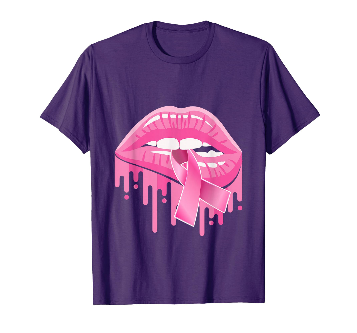 Breast Cancer Awareness Women Sexy Lips Pink Ribbon T-Shirt