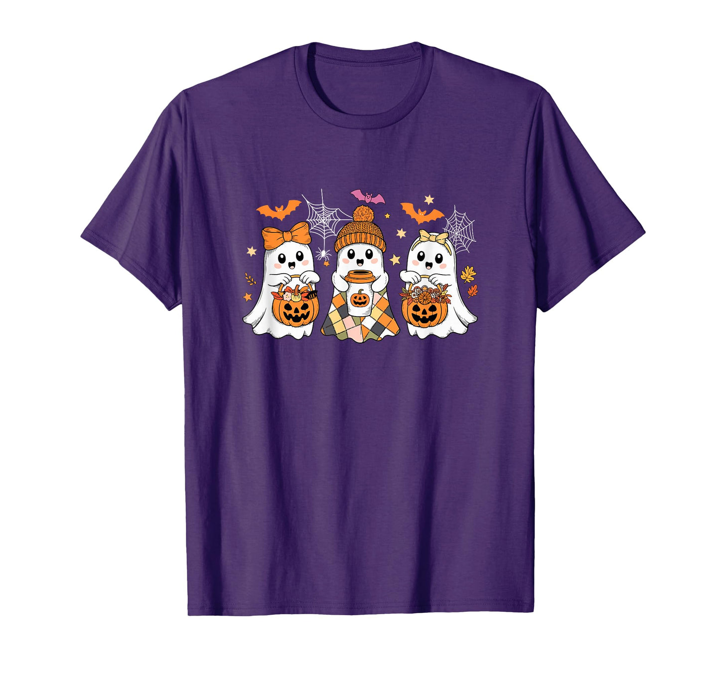 Three Halloween Boos Drinking Coffee Carved Pumpkins Candies T-Shirt