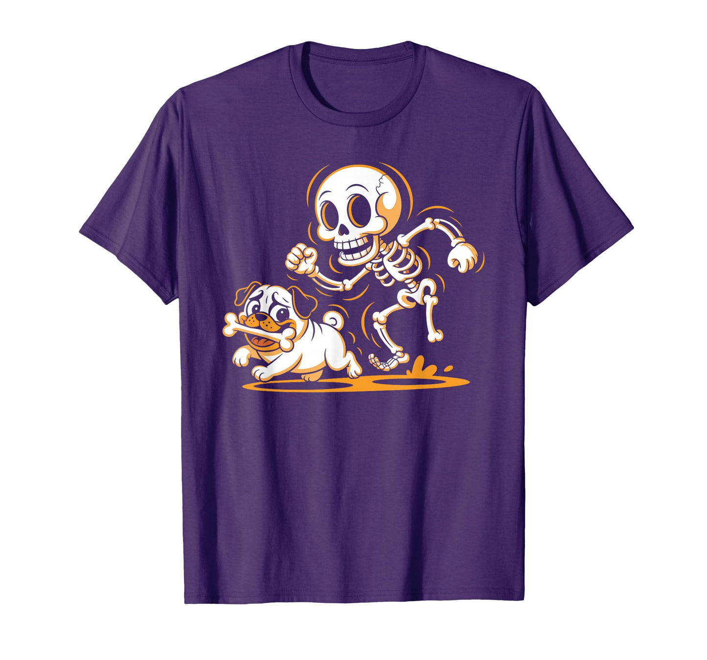 Funny Halloween Dog Lover Skeleton Chasing Pug Men Women T-Shirt